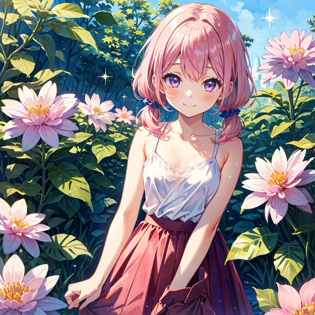 (watercolor:1.1), colorful, pastel colors, (cute illustration), (cute pop art), (pop art wallpaper), flowers, morning, morning light, morning dew flowers, morning dew on flowers, backyard, light particles, sparkle,
1girl, crouching, upper body,
BREAK 5yo, (loli:1.2), small breasts, (pink hair:1.3), (low twintails:1.2), aqua scrunchie, medium hair, (purple eyes:1.1),
smile,
BREAK (white camisole:1.1), collarbone, sleeveless,
BREAK (flare skirt, wrap skirt, plain pattern skirt:1.2), pink skirt,
(masterpiece, best quality, extremely detailed, absurdres),