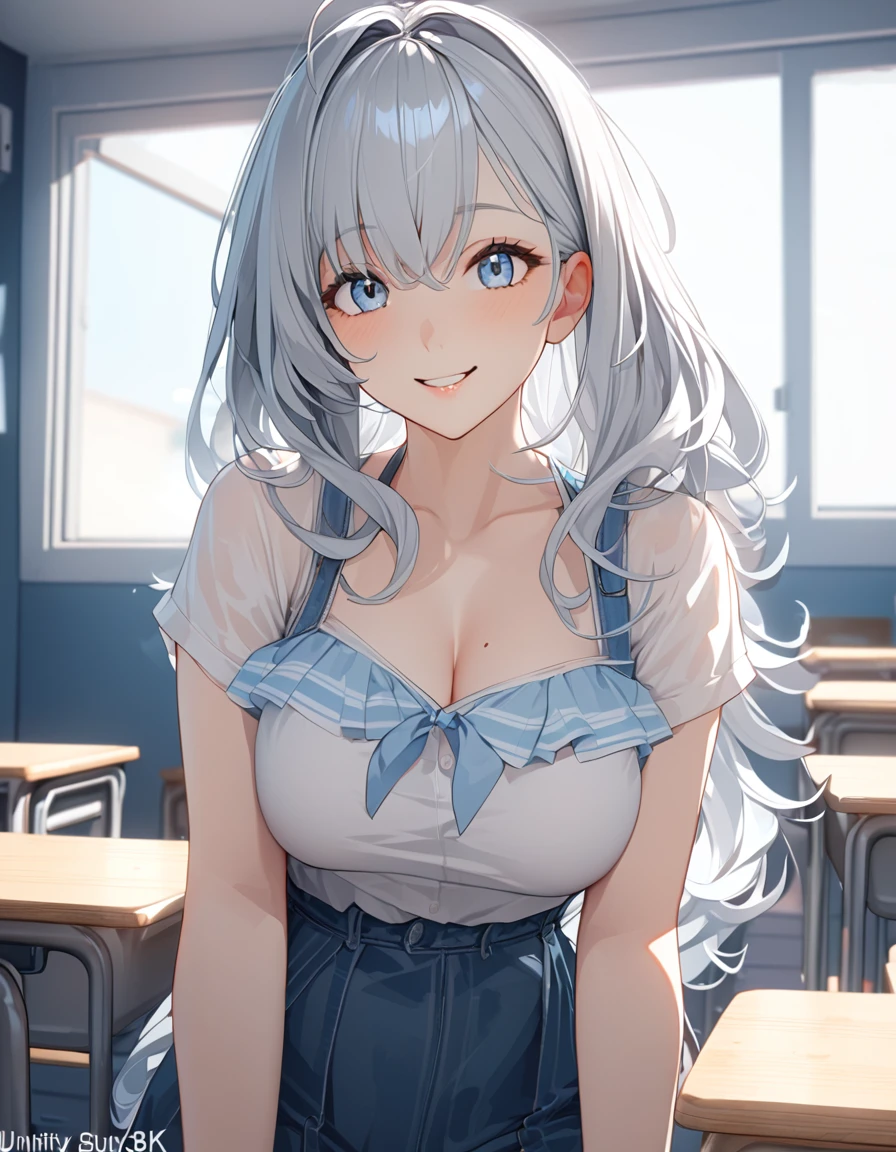 8k, Highest quality, masterpiece, Wallpapers by Unity 8k, School classroom、(One Girl) , 17 years old、cute、Big eyes、(((Silver Hair))),(Her hair color is a blue-gray gradient), Semi-long hair,Larger breasts, Summer fashion、smile