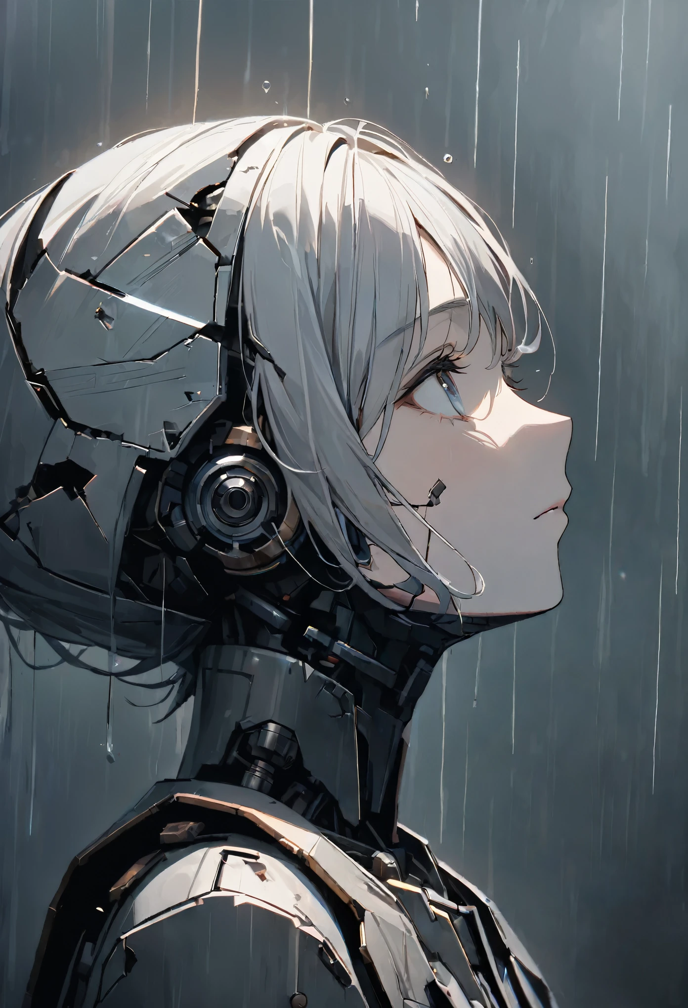 (8k, Highest quality)、Ultra-high resolution、Adorable、Highest quality, beautiful, Absurd beauty、masterpiece、Best image quality、Rainy old background,Broken Android,A sad and poignant work,Grey World,An android girl who still believes despite being abandoned by humans.close-up,Looking up at the sky,profile