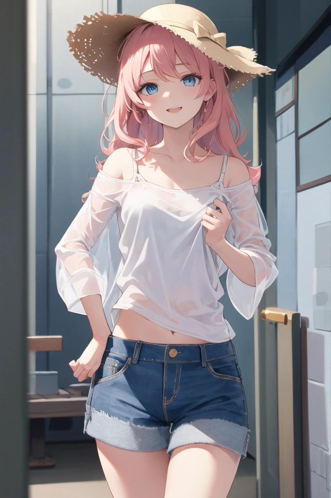 (masterpiece, best quality), (best black hair:1.3), (long hair:1.4)+, (alternate_hairstyle:2), (authentic_skin:1.5), (gyaru style), (giant_breasts:1.5)+,, gyaru fashion outfit, ((delicate aesthetic pink-theme:1.2)), (graygreen eyes), thick_lips:1.2, glossy lips, cute_fashion, slim, skinny, (narrow_waist:1.7)+, looking at viewer, matching-accessories, at elaborated charming environment, indoors, (panorama+)+, casual outfit, at detailed pink_environment++, (best comfy_clothes:1.5)+++, (off_shoulder, girlfriend material)+, confident, [[[hair_tied]]], detailed_pink_room+, aesthetic_room, photorealistic++, (well_rendered_skin:1.4), (shiny_outfit:1.5)+.
(Seducing), shadows+.
(Dynamic pose:1.4)+, from_below, (shorts)+,
(character_from_afar, distant_shot+), (nsfw)