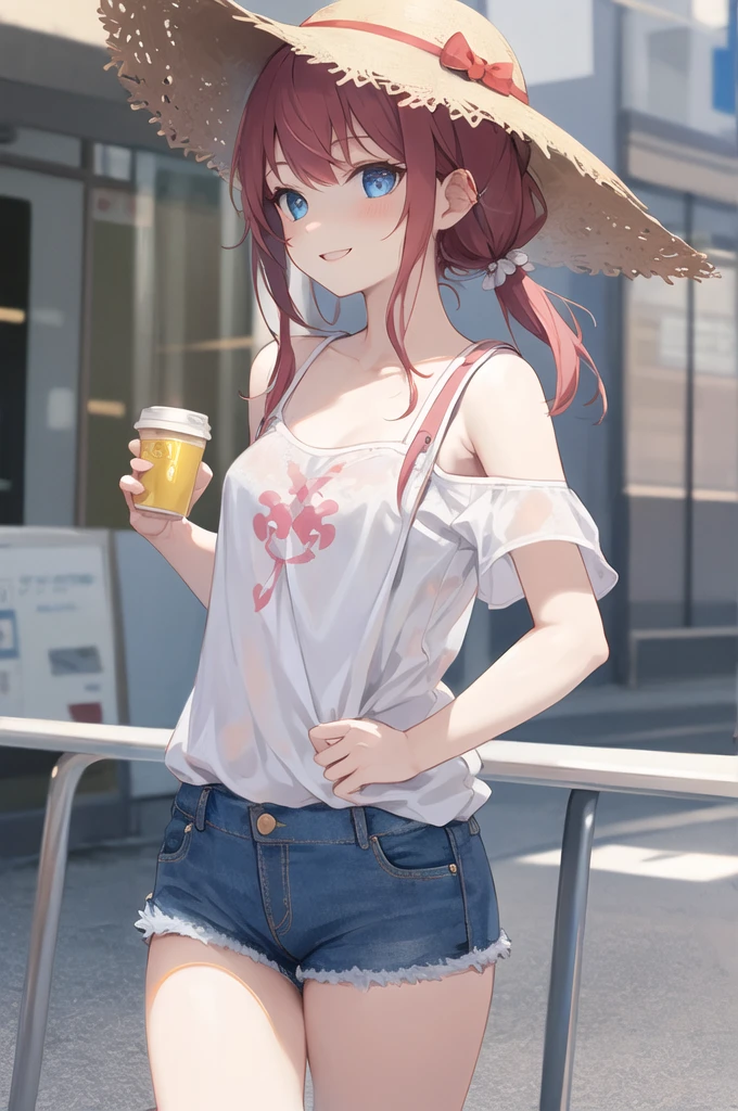 4K、Beautiful illustrations, Highest quality, Girl、Lori、っぽい、Small breasts、Cute  girl, (Conversion Sequence),  Baby Face, Long pure white pink mesh hair, Beautiful and exquisite blue eyes, Cinema Lighting, Cowboy Shot,, Happy、BaggyＶNo-shaped shirt、hat、Jeans shorts、Too much skin tone、Cute pose、smile、be happy、Red cheeks、Shoulder Bare