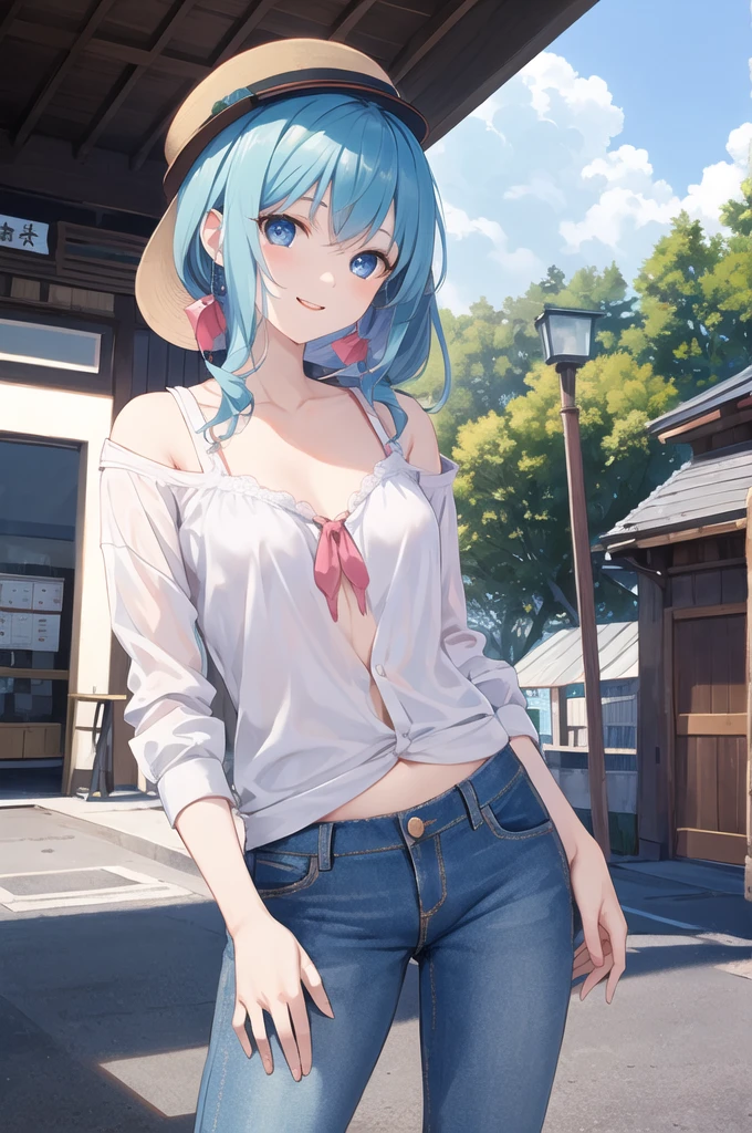 4K、Beautiful illustrations, Highest quality, Girl、Lori、っぽい、Small breasts、Cute girl, (Conversion Sequence), Baby Face, Long pure white pink mesh hair, Beautiful and exquisite blue eyes, Cinema Lighting, Cowboy Shot,, Happy、BaggyVNo-shaped shirt、hat、Jeans shorts、Too much skin tone、Cute pose、smile、be happy、Red cheeks、Shoulder Bare