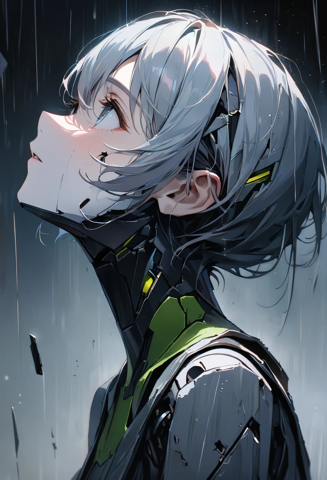 (8k, Highest quality)、Ultra-high resolution、Adorable、Highest quality, beautiful, Absurd beauty、masterpiece、Best image quality、Rainy old background,Broken Android,A sad and poignant work,Grey World,An android girl who still believes despite being abandoned by humans.close-up,Looking up at the sky,profile