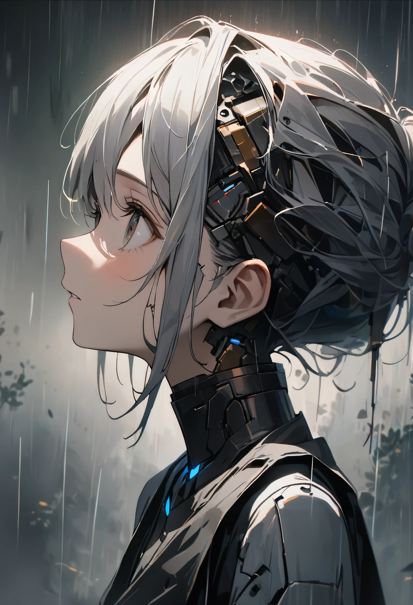 (8k, Highest quality)、Ultra-high resolution、Adorable、Highest quality, beautiful, Absurd beauty、masterpiece、Best image quality、Rainy old background,Broken Android,A sad and poignant work,Grey World,An android girl who still believes despite being abandoned by humans.close-up,Looking up at the sky,profile