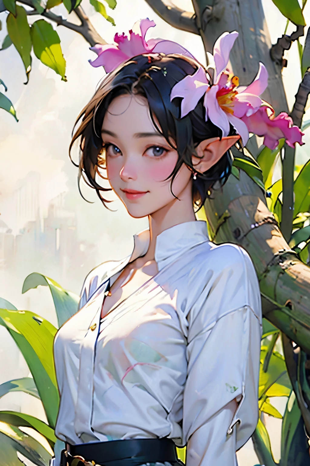 ((Cattleya, Three Flowers, close, whole body, ))、(Elf sitting on a tree branch、short hair、A kind smile、Small breasts)、Soft Focus、((Sargent-style watercolor))、((White Background))、(No background)、Blur the background、(Highest quality、High resolution、masterpiece)、4k anime art、
