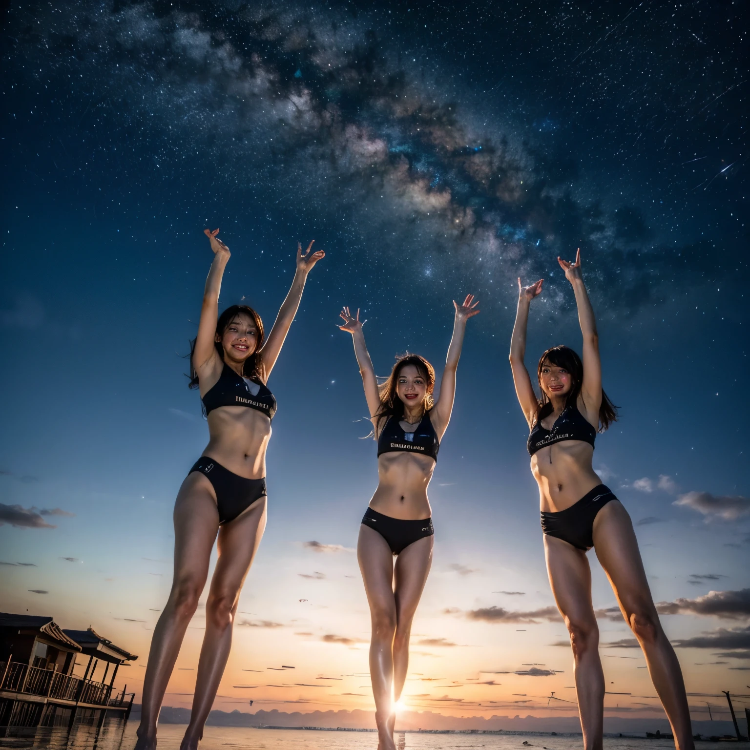  Masterpiece of ProfessionalPhoto ((ExtremelyDetailed (12 PICHIPICHI KAWAII Girls Floating in The Air in a row:1.37) in WHITE at Dusk Enoshima Beach)), {(Standing Full Body:1.2)|(from below:1.2)|Detailed KAWAII face}, Different types of hair colors, {(skinny(school swimwear))|(SchoolUniform)with Skinny AthleticShorts}, {(Corrected Childish hand)|Hidden hand|Different types of breasts|(Clearly Visible the shape of Butt)}, Joyful Expressions LifeLike Rendering, PerfectLighting, (Dazzling Horizon Visible through ThighGap), (Starry IridescentParticles:1.22) ColorfulClouds