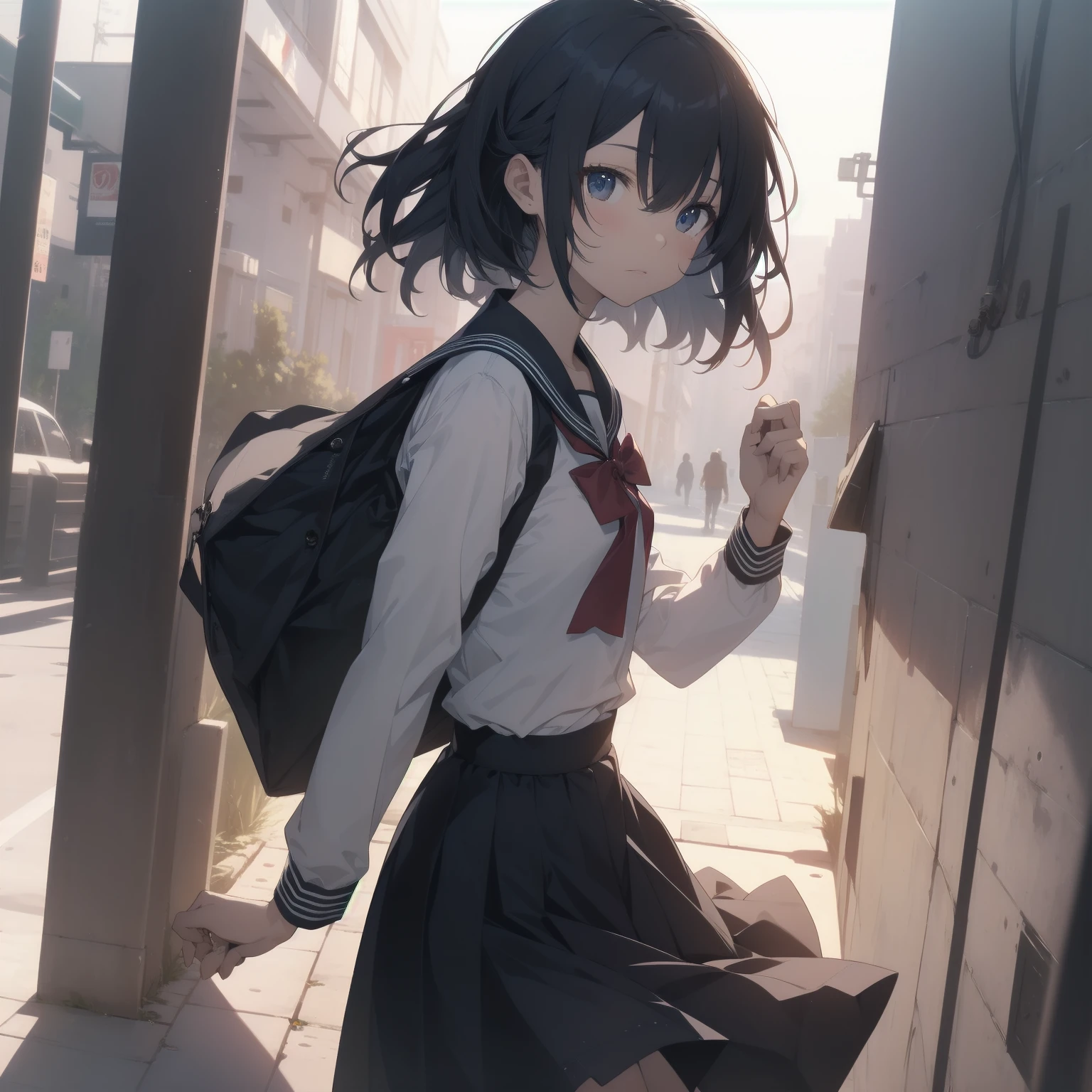 ultra-absurdres-Top quality by artist God, ultra-detailed, high resolution, anime moe artstyle, best anime 8k konachan wallpaper, pixiv contest winner, pool:2810, perfect anatomy,break, 1girl, (Please draw a girl walking sleepily to school alone. )break,(Solo,little female, 13-year-old:1.3),Full limbs, complete fingers,a junior high school student, (very short hair), short cut, flat chest, , small butt, small black eyes, beautiful detailed eyes, well-proportioned iris and pupils, expressive eyes, highres detailed hair, soft expression, salor school_uniform, sailor collar, serahuku, bow, pleated skirt,(Detailed Lighting), (Detailed background), in the School commute route. break,super detailed skin, Best cinematic lighting powered by famous artist, 8k,beauty illustration,photoshop_(medium),very aesthetic,break,((artist:kotorai )), artist:clamp ,artist:carnelian ,artist:kantoku ,
