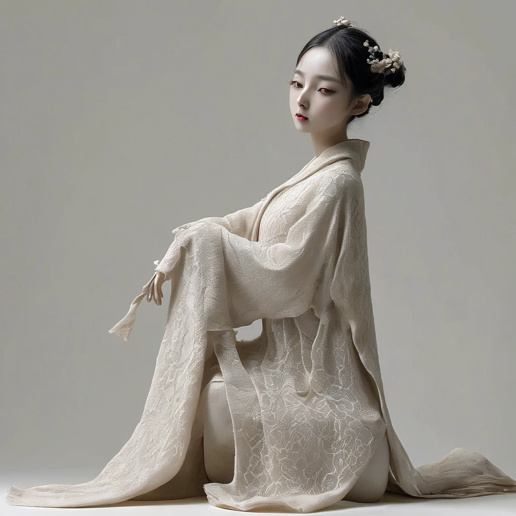 (masterpiece, Highest quality:1.2),超軽量clay，soil，clay，Loosely knitted fabric，old，dirty， mineral pigments，3Dclayclay彫刻艺术，clay彫刻，Rough surface，（Clione-like angel，sight。Exaggerated image。Long legs，barefoot，Engraved mark。）Rough surface和肌理，陶土clay彫刻艺术：1.37，(((A dress with a delicate geometric pattern that resembles lace fabric，)))whole body，Very detailed,Lonely，Clean background