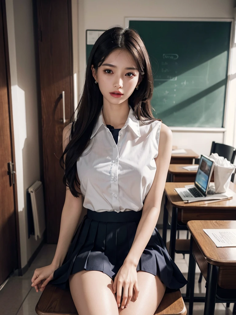 absurdres, RAW photo, extremely delicate and beautiful, masterpiece, Best Quality, ultra high resolution, 32k, hyperrealistic, ultra-detailed, perfect anatomy, anatomically correct, perfect figure, Perfect Style, Perfect balance, super Detailed skin, in her 30s, very Slim body, narrow waist, very small head, very small face, delicate facial features, handsome detailed woman, very detailed eyes and face, realistic face proportions, Realistic beautiful face, Realistic beautiful eyes, tearful mole, earring, very huge round tits, (full body shot:1.2), (bare legs:1.2), medium hair, indoor, (school_uniform:1.2), dress shirt, skirt, sleeveless,