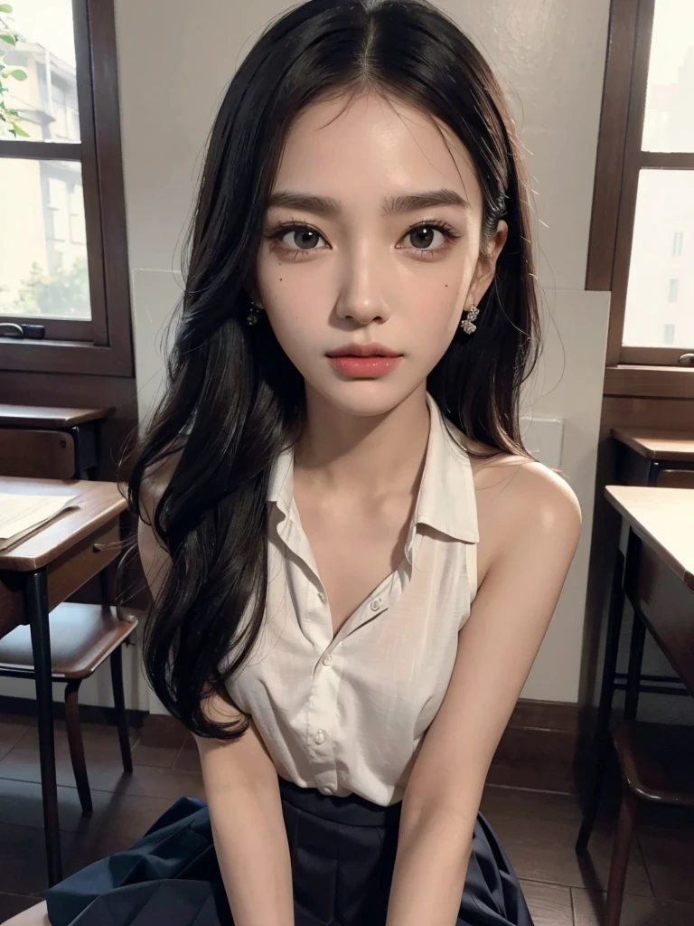 absurdres, RAW photo, extremely delicate and beautiful, masterpiece, Best Quality, ultra high resolution, 32k, hyperrealistic, ultra-detailed, perfect ???????, anatomically correct, perfect figure, Perfect Style, Perfect balance, super Detailed skin, in her 30s, very Slim body, narrow waist, very small head, very small face, delicate facial features, handsome detailed woman, very detailed eyes and face, realistic face proportions, Realistic beautiful face, Realistic beautiful eyes, tearful mole, earring, very huge round tits, (full body shot:1.2), (bare legs:1.2), medium hair, indoor, (school_uniform:1.2), dress shirt, skirt, sleeveless,