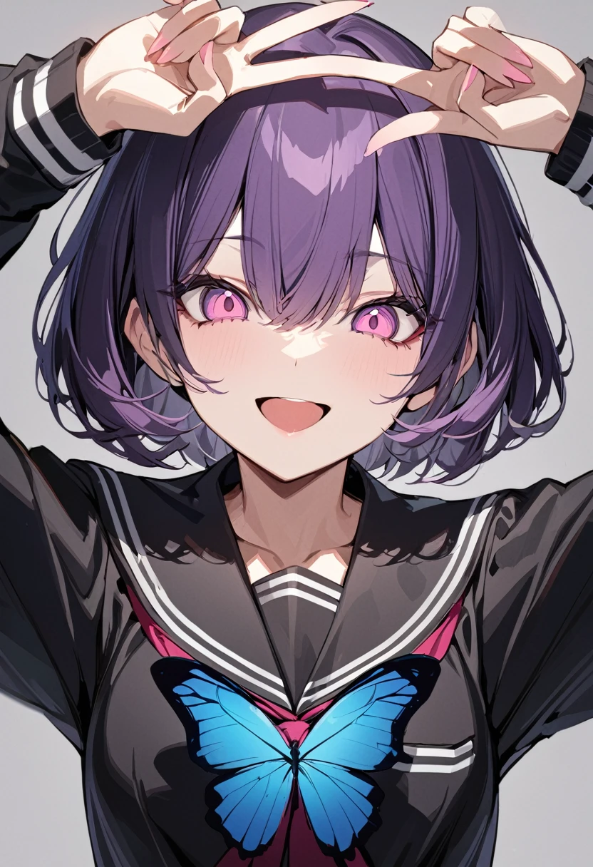 One girl, best quality, masterpiece, open mouth smiling, beautiful girl, big eyes, pink eyes, dark purple hair, short hair, black sailor suit, butterfly, peace sign, gray background