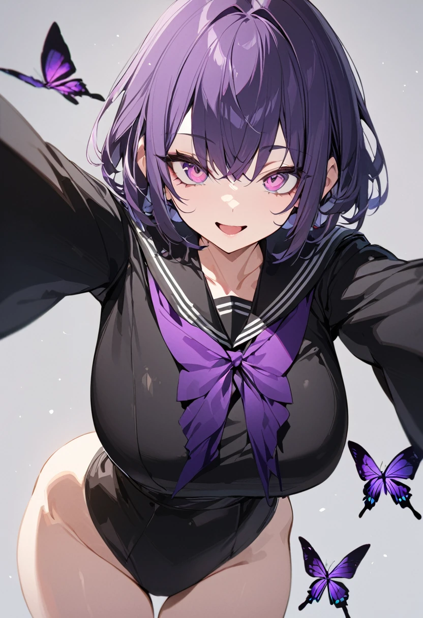One girl, best quality, masterpiece, open mouth smiling, beautiful girl, big eyes, pink eyes, dark purple hair, short hair, black sailor suit, butterfly, peace sign, gray background