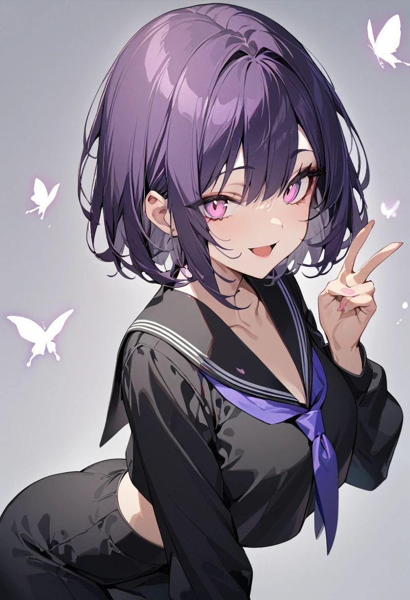 One girl, best quality, masterpiece, open mouth smiling, beautiful girl, big eyes, pink eyes, dark purple hair, short hair, black sailor suit, butterfly, peace sign, gray background