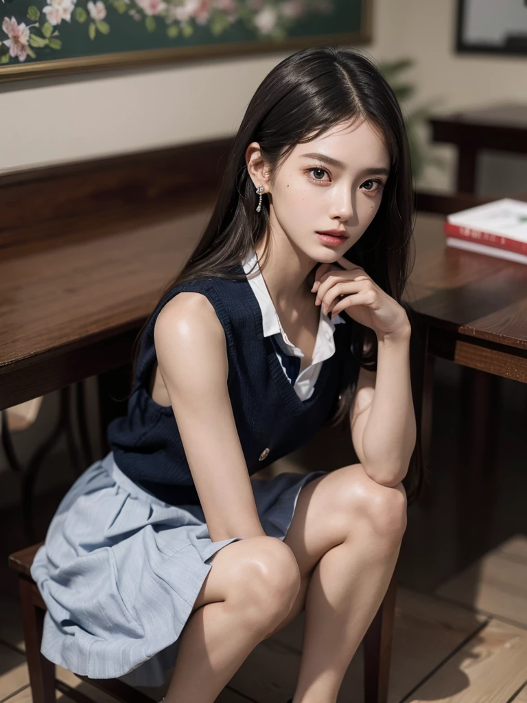 absurdres, RAW photo, extremely delicate and beautiful, masterpiece, Best Quality, ultra high resolution, 32k, hyperrealistic, ultra-detailed, (perfect anatomy:1.2), (anatomically correct:1.2), perfect figure, Perfect Style, Perfect balance, super Detailed skin, in her 30s, very Slim body, narrow waist, very small head, very small face, delicate facial features, handsome detailed woman, very detailed eyes and face, realistic face proportions, Realistic beautiful face, Realistic beautiful eyes, tearful mole, earring, very huge round tits, (full body shot:1.2), (bare legs:1.2), medium hair, indoor, (school_uniform:1.2), dress shirt, skirt, sleeveless,