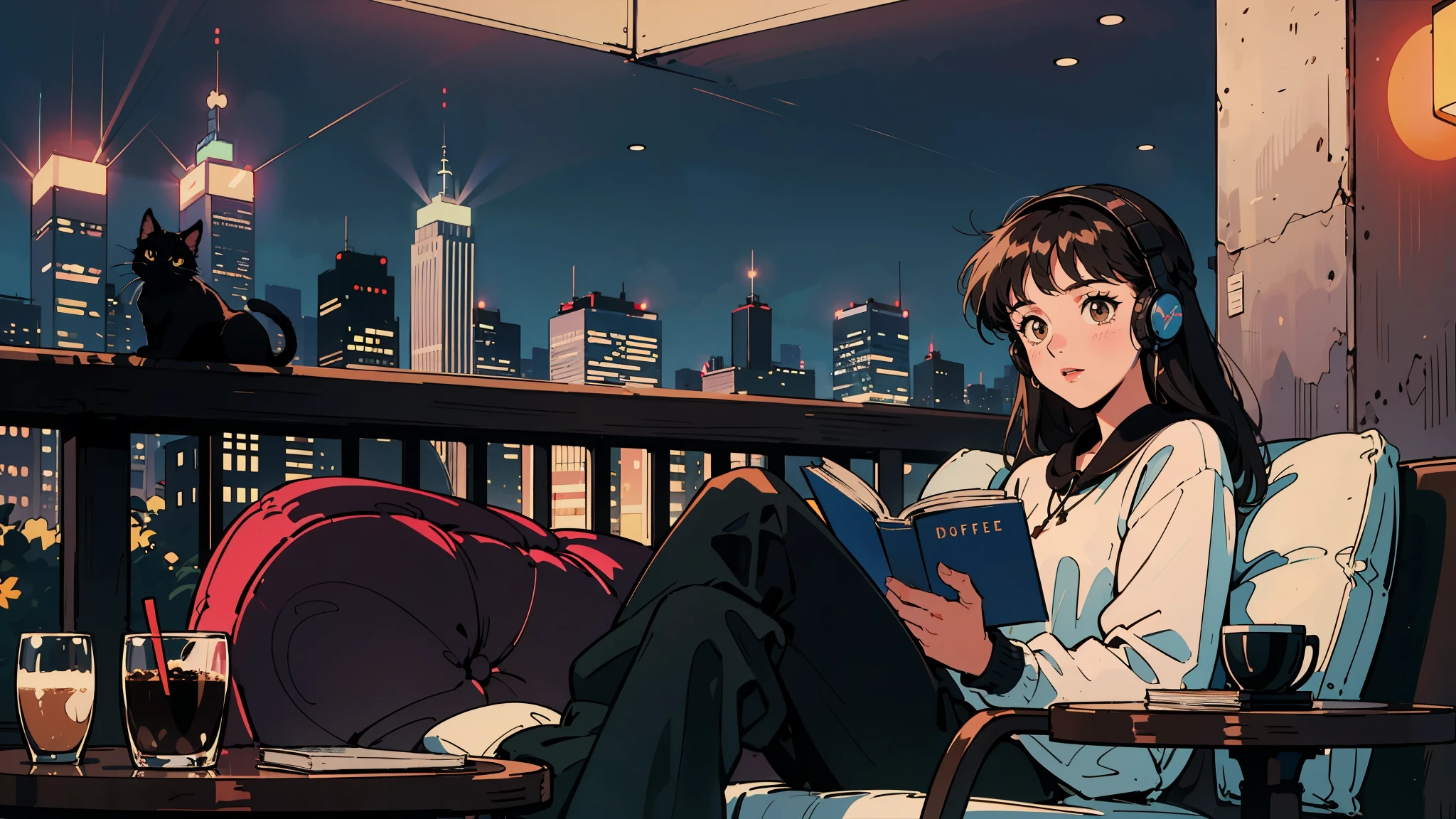 best quality, 8k, 1990s style,2010s hairstyles, 21 year old girl, black hair, long hair, light brown eyes, city pop, pants ,night view, wearing headphones,reading a book, whole body, relax coffee,table,confection,Looking at me, Black cat