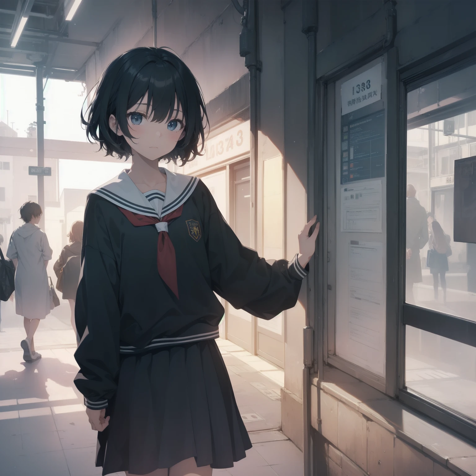 ultra-absurdres-Top quality by artist God, ultra-detailed, high resolution, anime moe artstyle, best anime 8k konachan wallpaper, pixiv contest winner, pool:2810, perfect anatomy,break, 1girl, (Please draw a girl walking sleepily to school alone. )break,(Solo,little female, 13-year-old:1.3),Full limbs, complete fingers,a junior high school student, (very short hair), short cut, flat chest, , small butt, small black eyes, beautiful detailed eyes, well-proportioned iris and pupils, expressive eyes, highres detailed hair, soft expression, salor school_uniform, sailor collar, serahuku, bow, pleated skirt,(Detailed Lighting), (Detailed background), in the School commute route. break,super detailed skin, Best cinematic lighting powered by famous artist, 8k,beauty illustration,photoshop_(medium),very aesthetic,break,((artist:kotorai )), artist:clamp ,artist:carnelian ,artist:kantoku ,