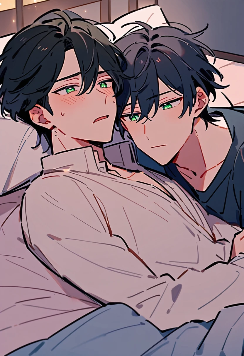 It depicts two young men lying in bed. He has black hair and green eyes., His face flushed slightly, He seems confused.. Room booked at night, Soft night light. His eyes were fixed on another boy, The work shows a delicate emotion.