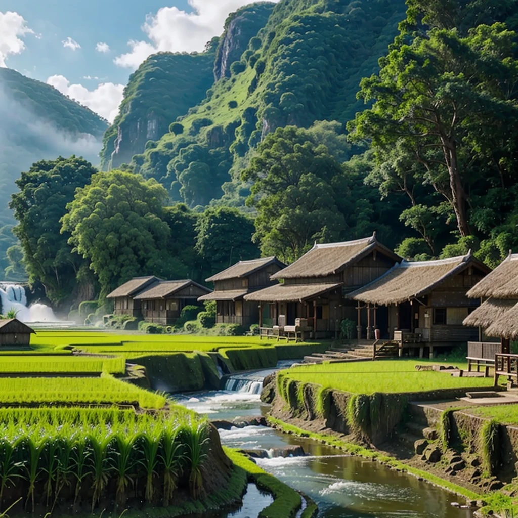 waterfall near the rice fields there is a river and a hut