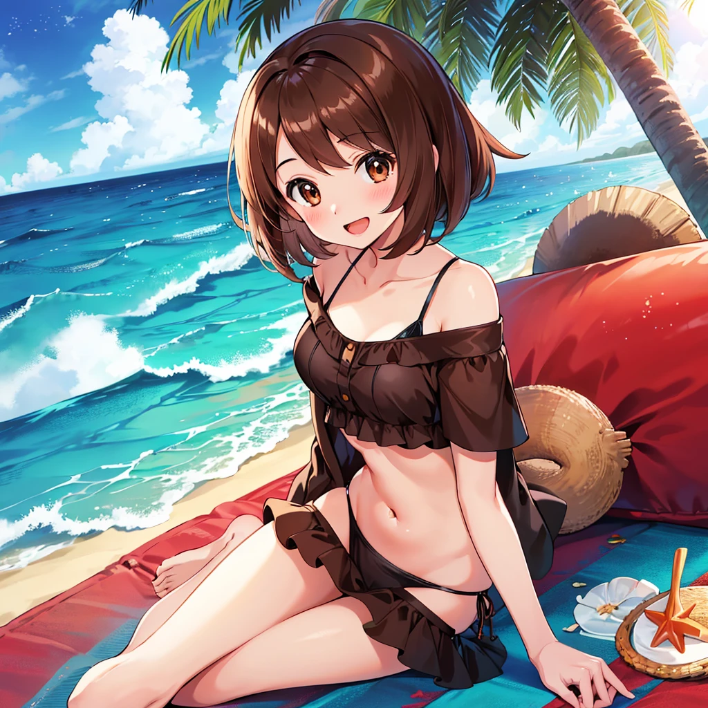 masterpiece, Highest quality, High resolution, Gloria1, 1 Girl, Gloria\(Pokémon\), Brown Hair, , Brown Eyes, , Short Hair, , Bobcut, bangs, , 　１Describe a girl carefully　１Girl　smile　blush　Open Mouth　blush　beach　Ocean　Sexy Bikini