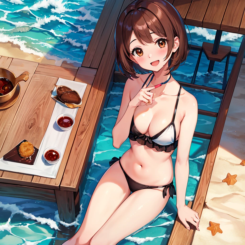masterpiece, Highest quality, High resolution, Gloria1, 1 Girl, Gloria\(Pokémon\), Brown Hair, , Brown Eyes, , Short Hair, , Bobcut, bangs, , 1Describe a girl carefully 1Girl smile blush Open Mouth blush beach Ocean Sexy Bikini