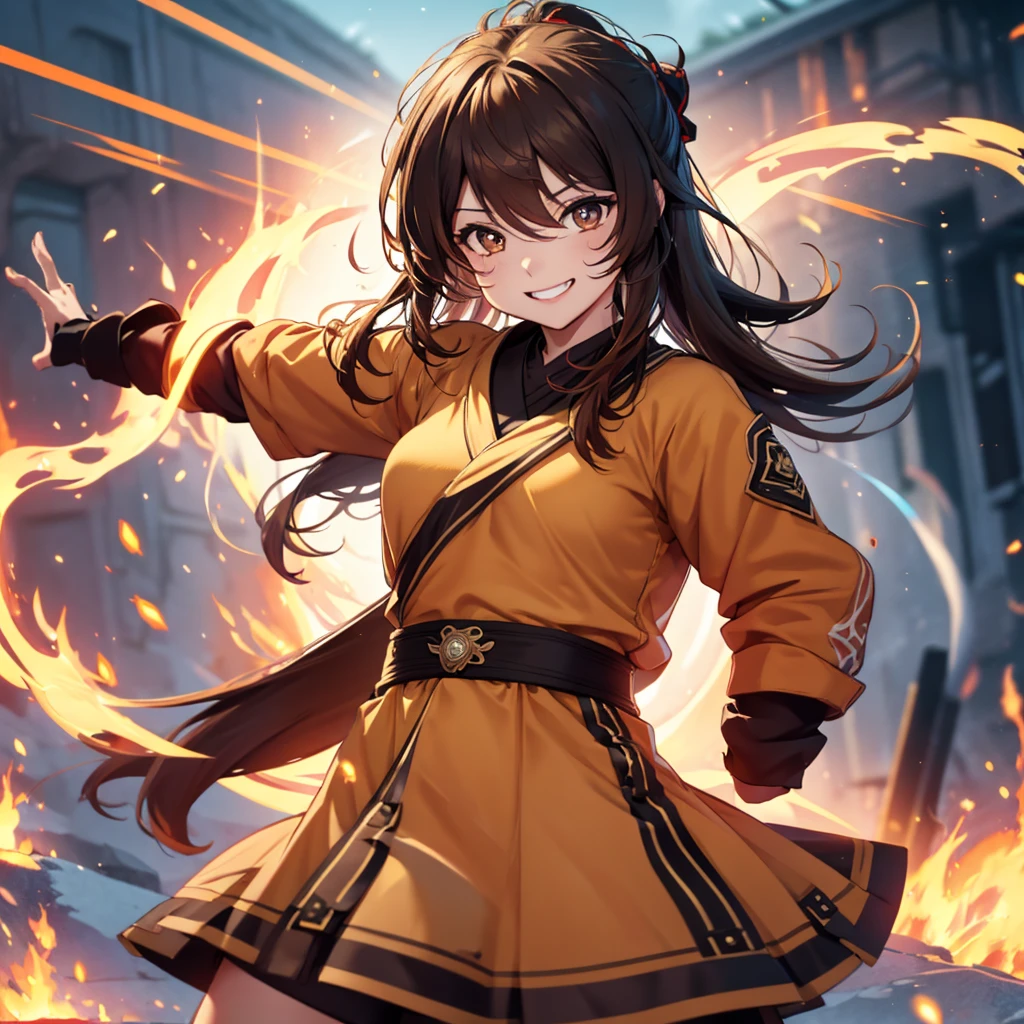 1 girl, genshin impact, hut style, power of fire, Grinning, grappling, brown clothes with yellow details, blurred shimmering power, body detailed, ((best qualityer)), ((4K))
