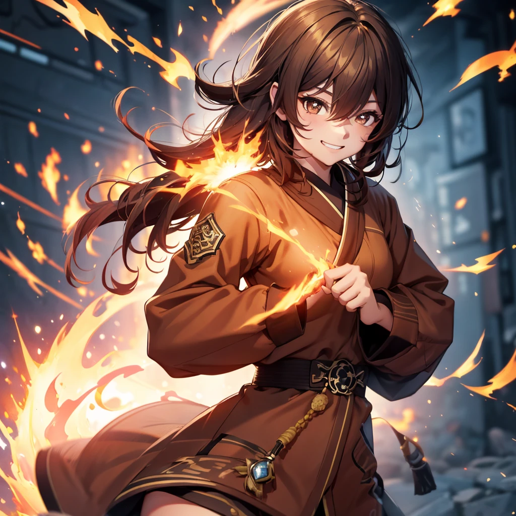 1 girl, genshin impact, hut style, power of fire, Grinning, grappling, brown clothes with yellow details, blurred shimmering power, body detailed, ((best qualityer)), ((4K))