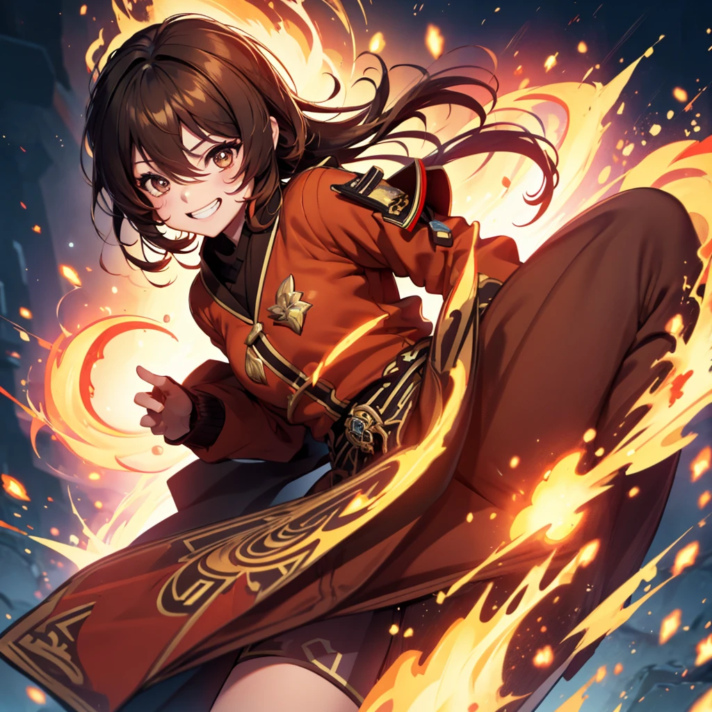 1 girl, genshin impact, hut style, power of fire, Grinning, grappling, brown clothes with yellow details, blurred shimmering power, body detailed, ((best qualityer)), ((4K))