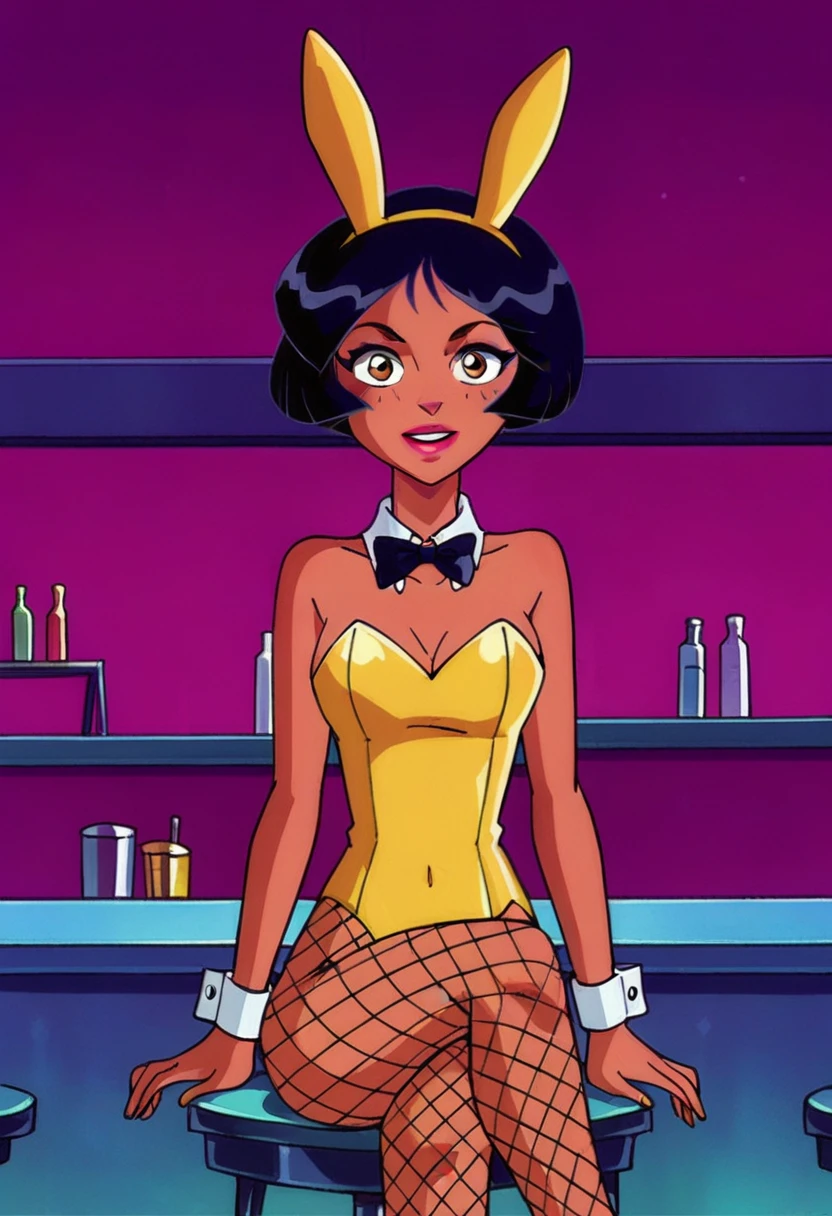 score_9, score_8_up, score_7_up,
1girl, alex ts, solo, black hair, short hair, brown eyes, dark-skinned, in night club, yellow bunny girl costume, bunny ears headband, Mesh tights, seductive, standing, front view, looking on viewer, sitting on bar chair, crossed legs, upper body,