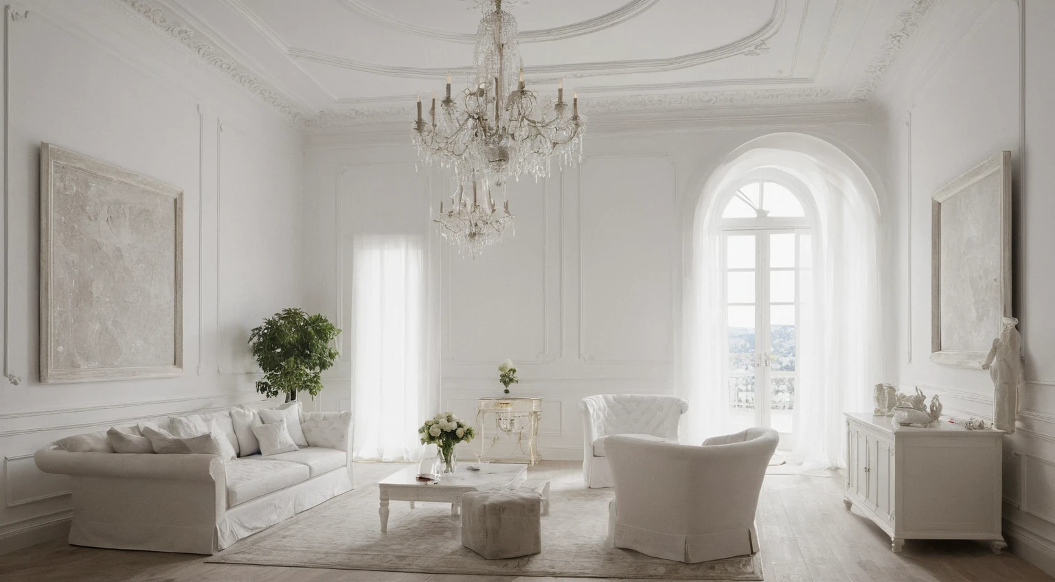 neoclassical, white walls, lights