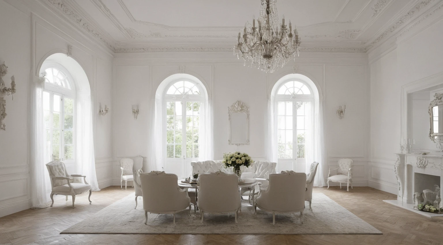 neoclassical, white walls, lights