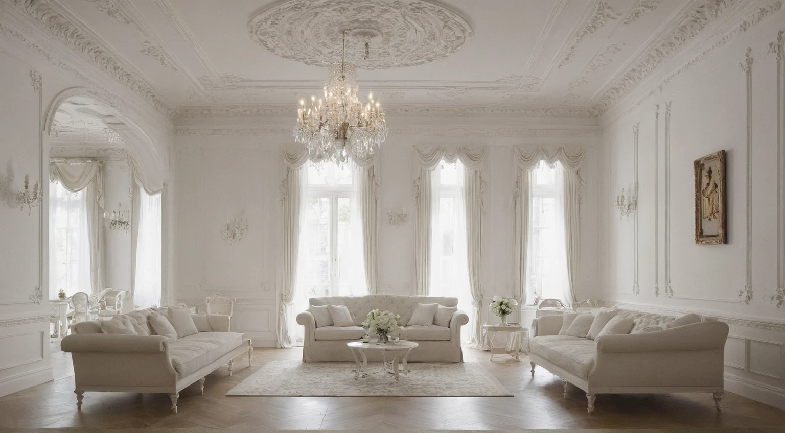 neoclassical, white walls, lights