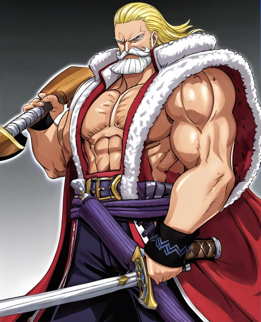 A Man , Blonde hair , Blonde Moustache like White Beard from One piece, Muscular Body like White Beard, A big Scar on his Right Chest , Holding a Big double edged War AXe , Standing , Muscular , Angry Face , one piece anime type animation , 2d , wearing a admirals Woolen red and  White Cushiony Cloak, Good animation , Big Muscular Guy , Tall , no beard , only long moustache , Full Body picture, anime 