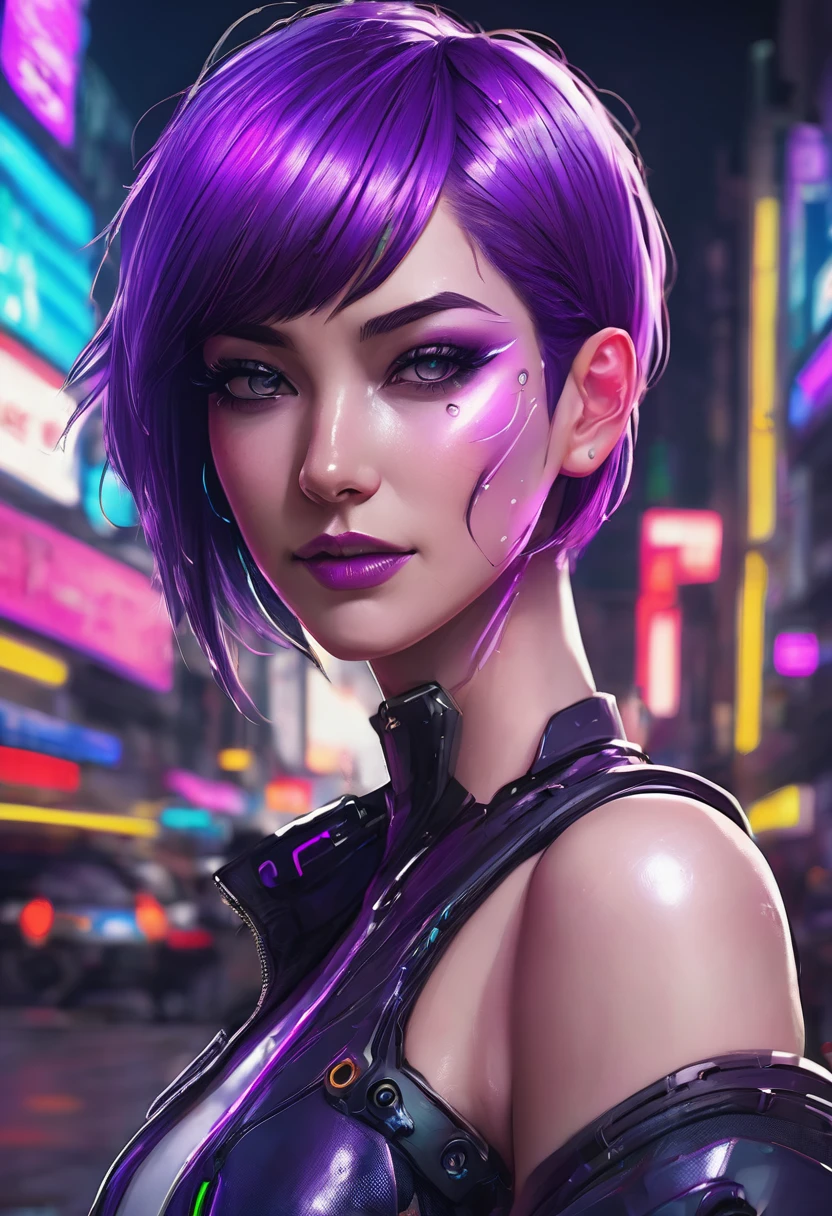 A beautiful woman with short purple hair, a mischievous look, a mocking smile, sexy, cyberpunk theme, cyber implants, epic fantasy digital drawing style, realistic, anime, cartoon, dynamic lights, very detailed, 2D style