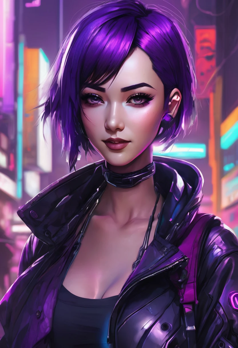 A beautiful woman with short purple hair, a mischievous look, a mocking smile, sexy, cyberpunk theme, cyber implants, epic fantasy digital drawing style, realistic, anime, cartoon, dynamic lights, very detailed, 2D style