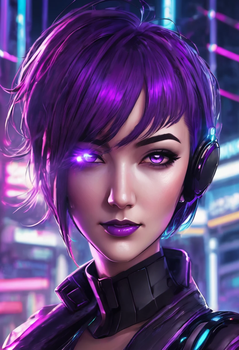 A beautiful woman with short purple hair, a mischievous look, a mocking smile, sexy, cyberpunk theme, cyber implants, epic fantasy digital drawing style, realistic, anime, cartoon, dynamic lights, very detailed, 2D style