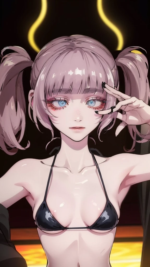 Nanakusa nazuna (Call of the night), Fleshy thighs, Instagram pose,Dynamic angle, Show armpits, ((Micro bikini)), Nipples, C cup, Happy expression, (Entire body image:1.5), (8K, Best quality, A high resolution:1.35), (RAW photo:1.2), (Photorealistic:1.37), (Masterpiece: 1.25), Dramatic lighting, Photon maping, Symmetry, Complexity, Elegance, (1 girl), Large of breast, Long eyelashes, Detailed eyelashes, Eye shadows, Glowing eyes, ((Natural makeup, Clear facial features)), ((Curvy build, Showing stomach)), ((Fine detailed beautiful eyes: 1.2)), Bad girl, Erotic, ((Pool background, Night))