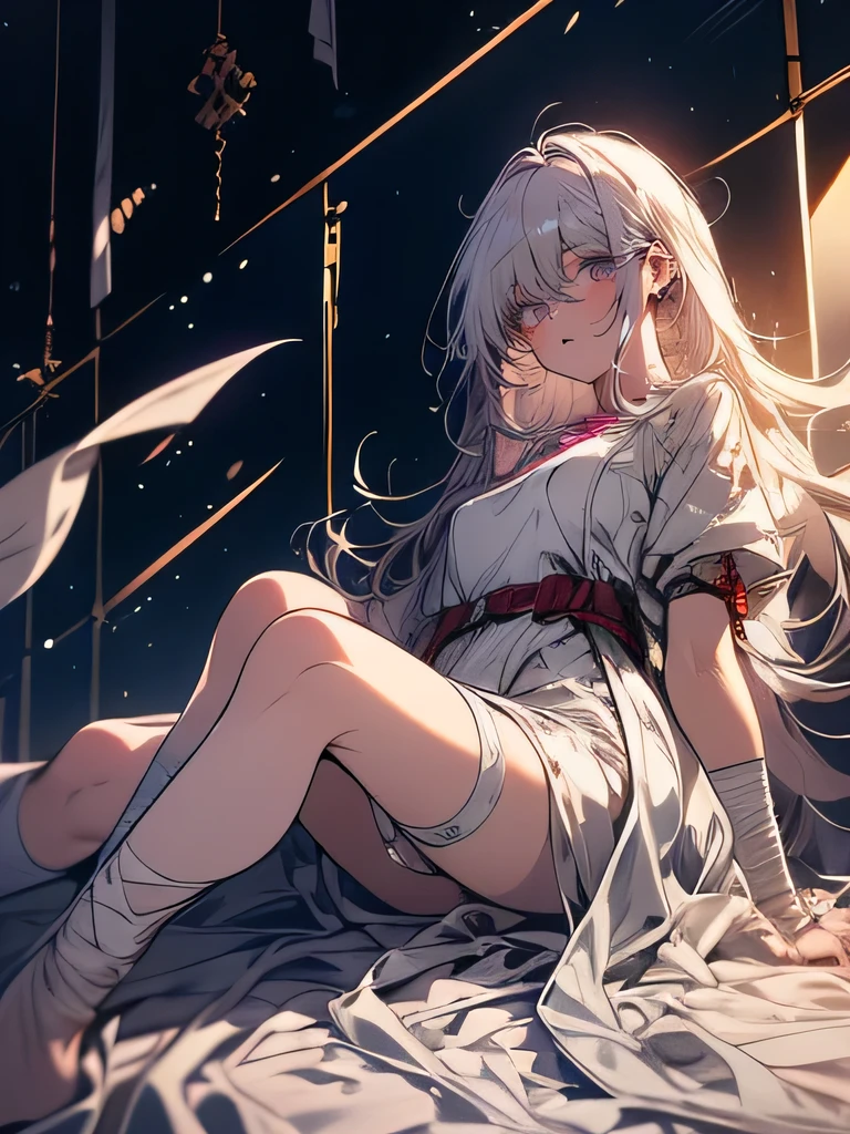 (Confused, High resolution, Very detailed), 1 female, Silver Hair, Long Hair, golden left eye and purple right eye, heterochromia, White patient gown, Appearance of the injury,24th generation, beauty, mature, thin, quiet, Calm, Sitting on a medical bed, Bandage on right arm, hospital, was injured, bandage, Pain々Shii, bandage on arms, bandages on legs, perfect proportions, perfect hands, sexy hospital gown, mostly bandaged limbs, slight blood