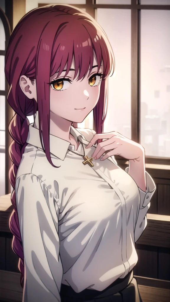 BREAK looking at viewer, BREAK outdoors, BREAK (masterpiece:1.2), best quality, high resolution, unity 8k wallpaper, (illustration:0.8), (beautiful detailed eyes:1.6), extremely detailed face, perfect lighting, extremely detailed CG, (perfect hands, perfect anatomy),makima, long hair, smile, bangs, (medium breasts:1.2), (yellow eyes:1.2),church,benches,candles,dark atmosphere, icons,crosses, dark light,night, braid, red hair, braided ponytail, ringed eyes,necklace,skinny fit,white blouse,black skirt,cleavege,neckline, lace bra, unbutton blouse,in middle of church, taking off blouse,from above, upper body.