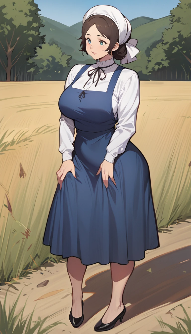1woman, adult amish woman, 40 years old, pale skin, long sleeved blue dress, she wears small black apron over her blue dress, full body shown, very short brown hair in a conservative style, white bonnet kapp that covers a majority of her hair, wide hips, thick thighs, wearing simple black flats, thick legs, slightly below the knee dress, slight face wrinkles, tight sleeves, standing upright in a farm field, no makeup, hands on lap, side view, aged face, busty, hourglass body figure, rosy cheeks
