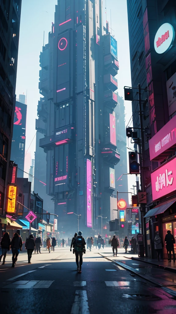 People walking through the city at night with a large clock tower in the background々, In a futuristic cyberpunk city, Futuristic cyberpunk scenario, Highly praised Earth Station and Beeple, Fantasy sci-fi city, sci-fi cyberpunk city street, Bustling Cyberpunk City, 3D rendering beeple, cinematic beeple, cyberpunk city street, Beeple Style