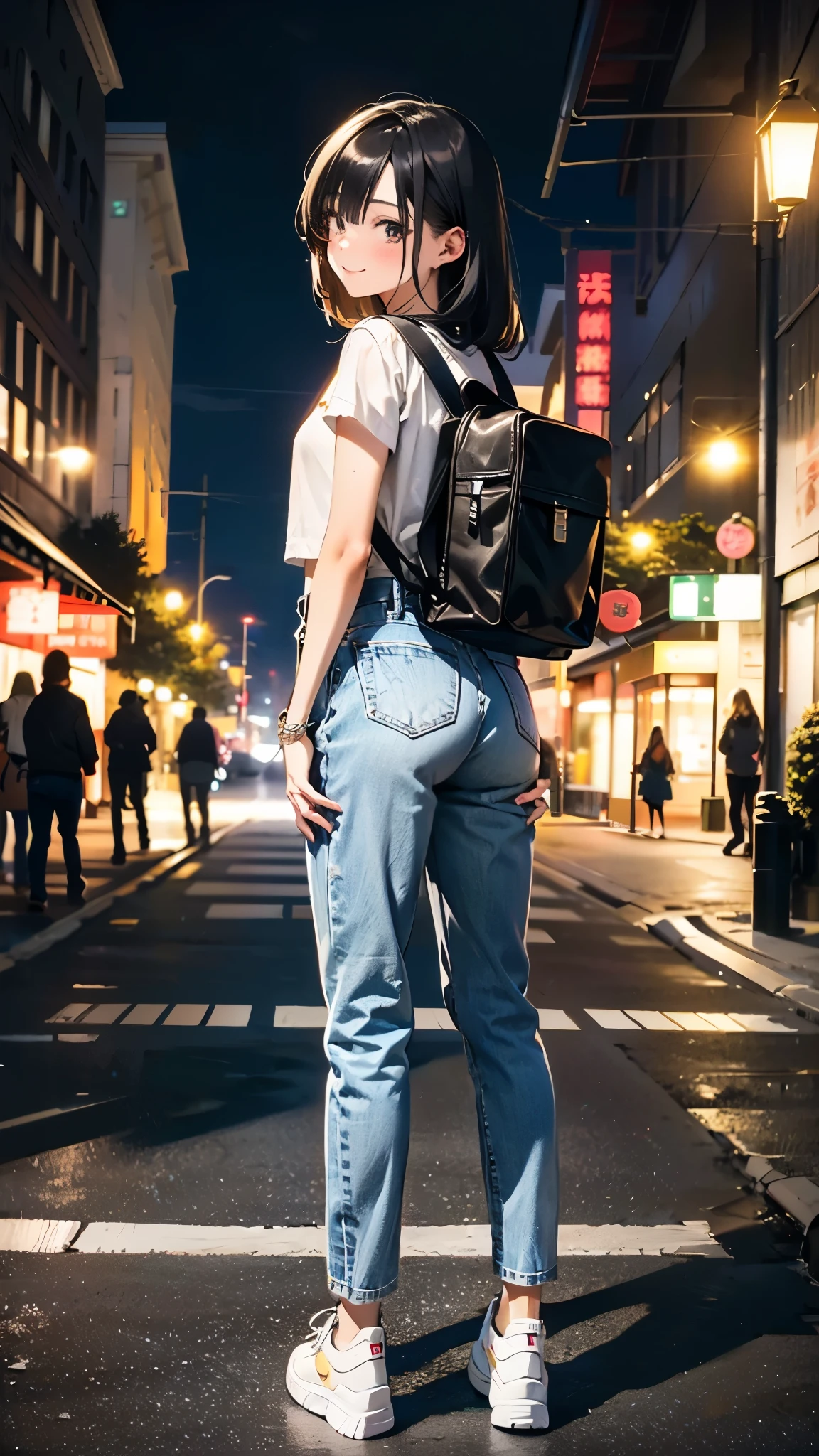 (8k, RAW Photos, 最high quality, masterpiece:1.2), high qualityのRAWカラー写真, Professional photo shoot, Cinematic Light, alone, (((young woman, Gal))), (Sharp features), (Small face), (Skin with attention to detail:1.2), clavicle, Cute Face, Beautiful appearance, Long eyelashes,Girl Turning Around, smile, (Black Hair, Long straight line), Jersey, High waist denim pants, sneakers, Backpack, Night Park, Confident attitude, Capture the happy moment, Artistic painting,Attractive thighs, (Very nice touch:1.2),はにかんだsmile), Peaceful atmosphere, Oil painting style, Bright colors, (Are standing:1.5, In town, Full body portrait), Smooth texture, Gazing Eyes, Beautiful Skin, Glowing Skin, ((Perfect Fingers, Five Fingers, Anatomically correct)), Background Blur, high quality, Surreal, ((Very detailed, photo shoot)),Many people々、blush、Plump, backstyle、Turn your back
