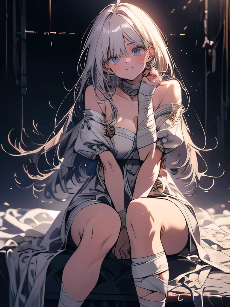 ((Masterpiece)), UHD, wide-shot, cinematic lighting, long messy hair, (wet and torn Decorated-camisole, exposed breast, Slender small breasts, shy and blush face), (Restraint, Heavy handcuffs), Textured skin, tiara, light silver hair, Cute Beautiful girl, sit on the ground, Narrow and dirty warehouse in slum