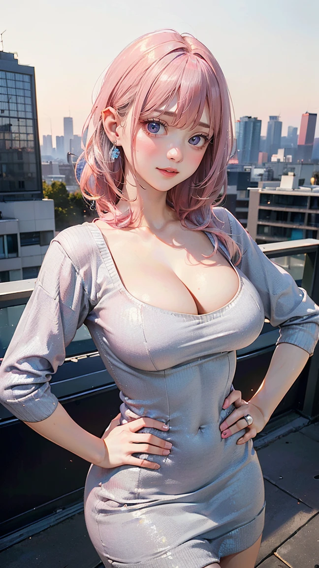 ((Highest quality, 8k, masterpiece :1.3)), (Sharp focus :1.2, Beautiful woman with perfect figure :1.4, Slim Abs), ((Big Breasts, Emphasize cleavage:1.2)), (Photorealistic:1.4), (realistic:1.4), (Pink Hair:1.5), Highly detailed face and skin texture, Fine grain, double eyelid. Makeup face, A little bit of lipstick, sex appeal, Sexy gravure pose, (Sexy girly beauty wearing a tight grey knit dress。With city buildings in the background、Smiling pose with hands on hips。Silver ear cuffs sparkle on your ears。: 1.3)