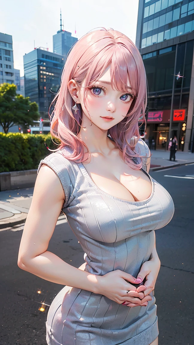 ((Highest quality, 8k, masterpiece :1.3)), (Sharp focus :1.2, Beautiful woman with perfect figure :1.4, Slim Abs), ((Big Breasts, Emphasize cleavage:1.2)), (Photorealistic:1.4), (realistic:1.4), (Pink Hair:1.5), Highly detailed face and skin texture, Fine grain, double eyelid. Makeup face, A little bit of lipstick, sex appeal, Sexy gravure pose, (Sexy girly beauty wearing a tight grey knit dress。With city buildings in the background、Smiling pose with hands on hips。Silver ear cuffs sparkle on your ears。: 1.3)