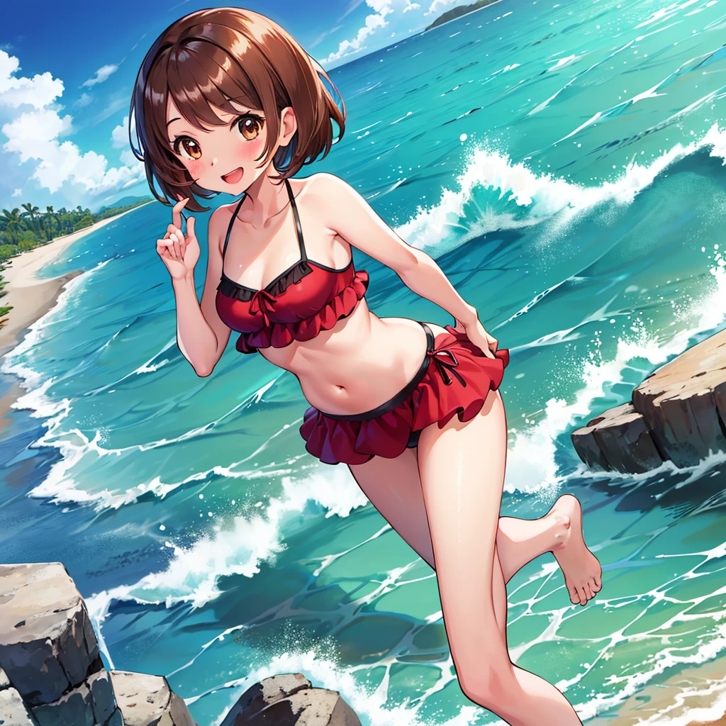 masterpiece, Highest quality, High resolution, Gloria1, 1 Girl, Gloria\(Pokémon\), Brown Hair, , Brown Eyes, , Short Hair, , Bobcut, bangs, , 　１Describe a girl carefully　１Girl　smile　blush　Open Mouth　blush　beach　Ocean　Sexy Bikini