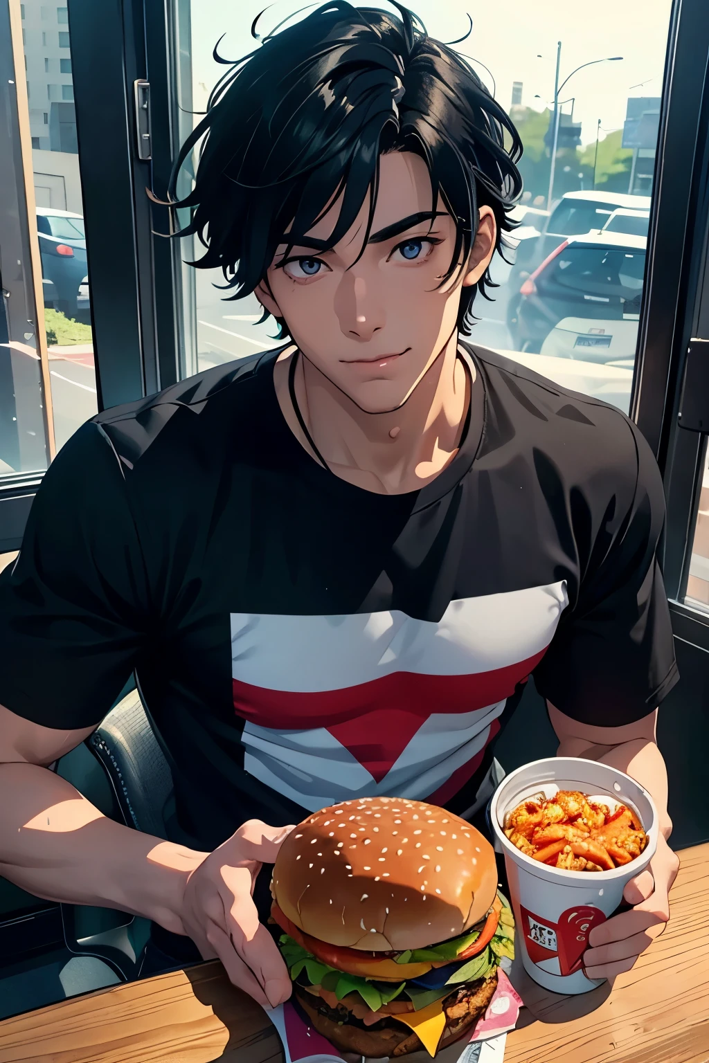 Anime adjacent, Male, mid 20s, black haired, Handsome, Airheaded, Himbo, muscular, athletic, in a Fast food dinner, eating a hamburger by the window, eyes looking at the camera adorably, crumbs on his mouth, mouth full, looking straight at the camera at the opposite of the table, cool lightening, bright smile, Vibrant colors, Semi-Realistic, Illustration, shading