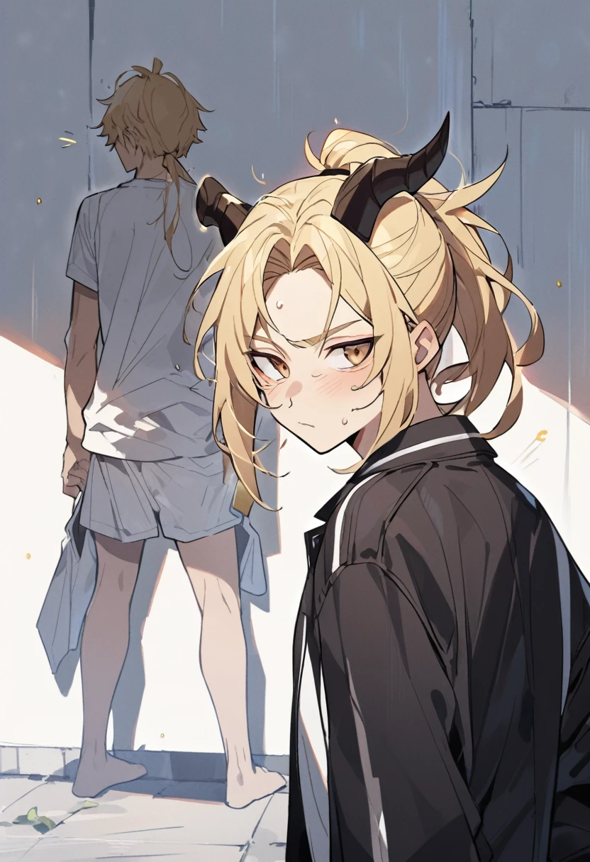 2D blond guy with brown eyes there are horns on his forehead, disheveled bangs, ponytail from behind, white T-shirt with a black jacket over it
