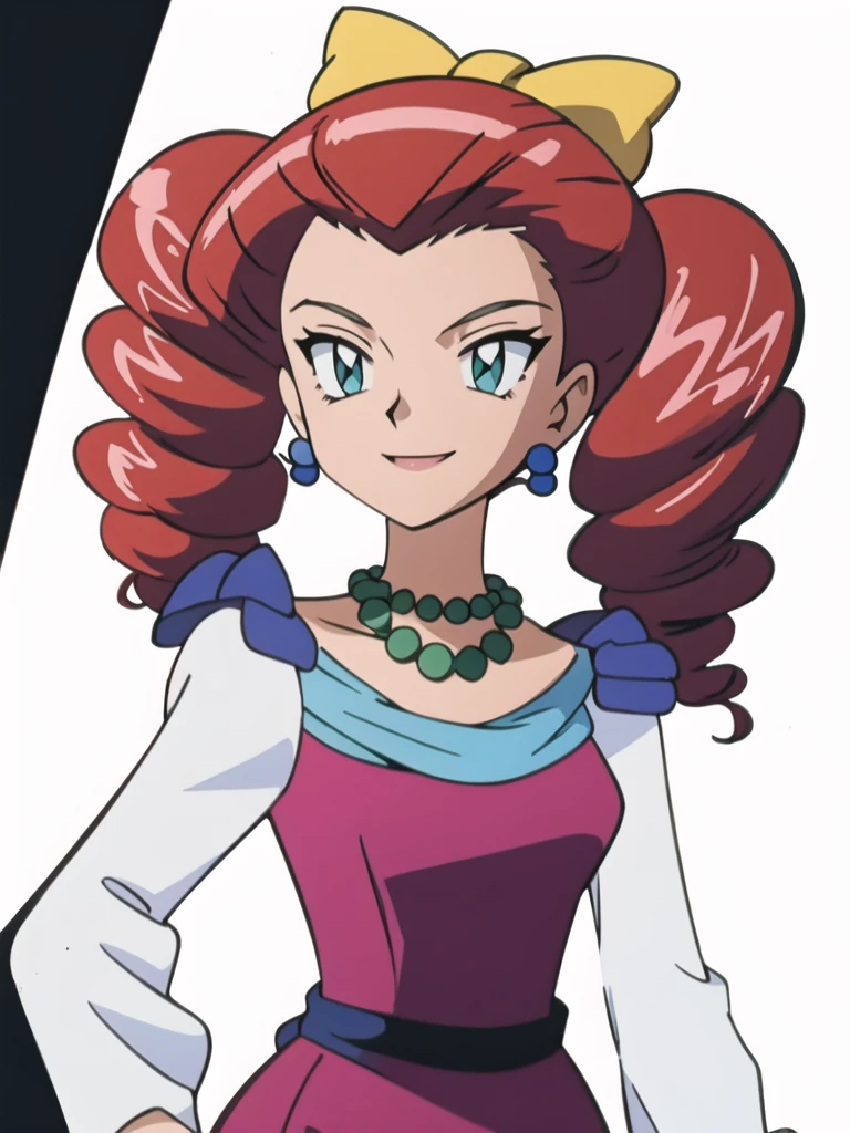 (masterpiece, best quality:1.2,ultra detailed,8k),1girl,solo,Jessebelle \(pokemon\),dress,drill hair,red hair,earrings,green eyes,hair bow,long sleeves,necklace,smile,looking at viewer