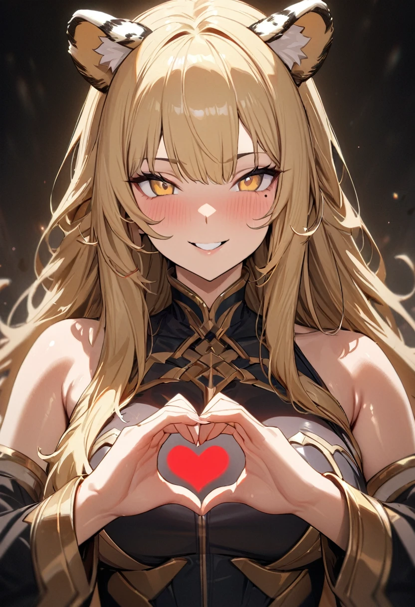 1girl、(((best quality)), ((masterpiece)), (details), masterpiece, best quality, high quality, ulutra detailed, perfect face, ((1girl, blond eyes, tiger ears: 1.3 blond long hair: 2.5,Mole under left eye：2.0))、Shiny Hair、Glowing Skin、Lustful look、smile、Making a heart symbol with hands、one piece