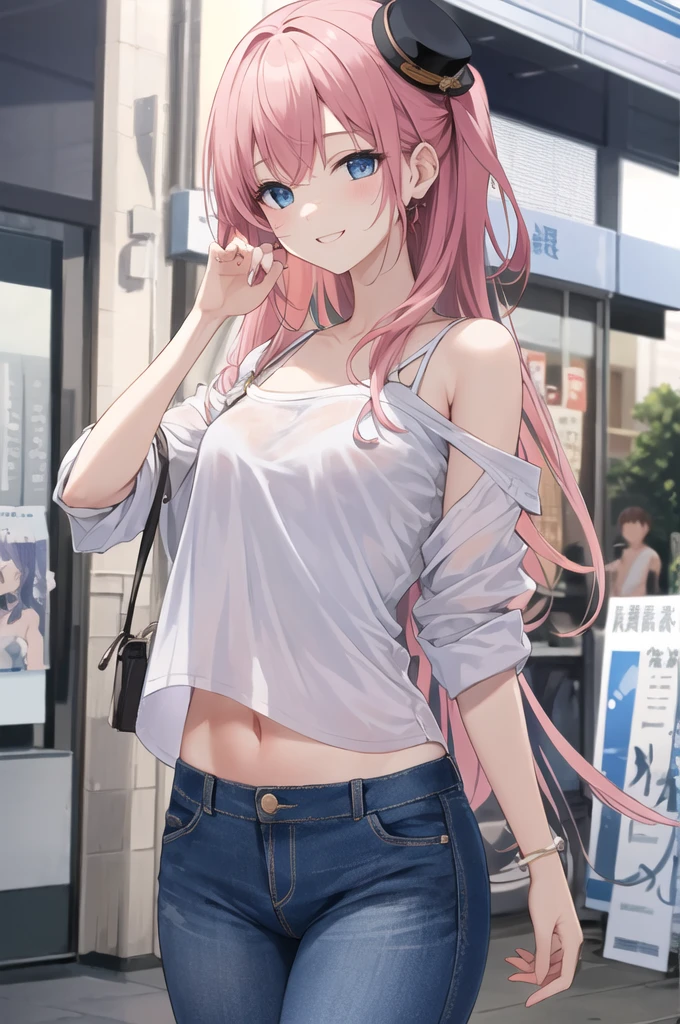 4K、Beautiful illustrations, Highest quality, Girl、cute、Lori、っぽい、Small breasts、Cute girl, (Conversion Sequence), Baby Face, Long pure white pink mesh hair, Beautiful and exquisite blue eyes, Cinema Lighting, Cowboy Shot,, Happy、BaggyVNo-shaped shirt、hat、Jeans shorts、Too much skin tone、cuteポーズ、smile、be happy、Red cheeks、Shoulder Bare